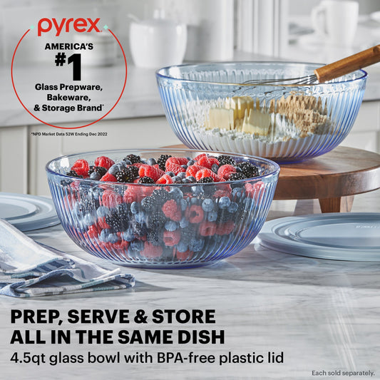 Sculpted Tinted Blue 4.5-qt Mixing Bowl with text Pyrex Americas #1 Glass Prep & bakeware & storage brand